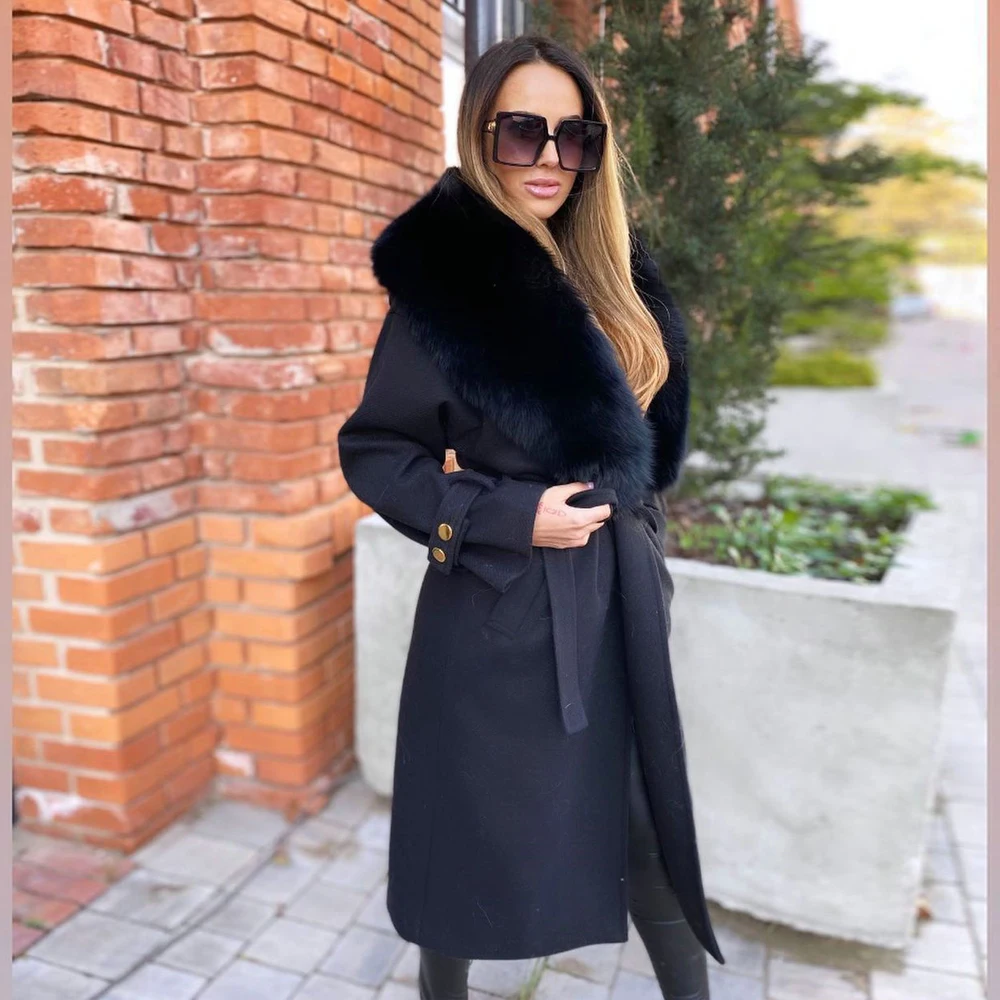 Fashion Long Wool Blends Coat with Fox Fur Lapel Collar Winter New 2022 Woman Genuine Fox Fur Cashmere Coats Outwear Female enlarge