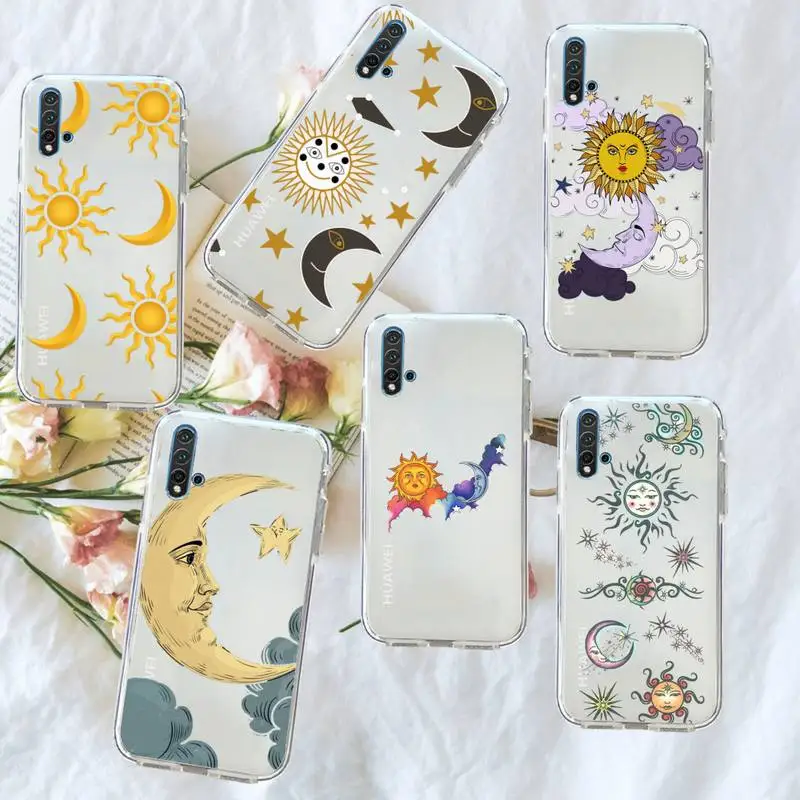 

Funny Sun Moon Face Phone Case Transparent for Huawei honor P mate 40 20 30 10 50 i 9 x mate pro lite 8a