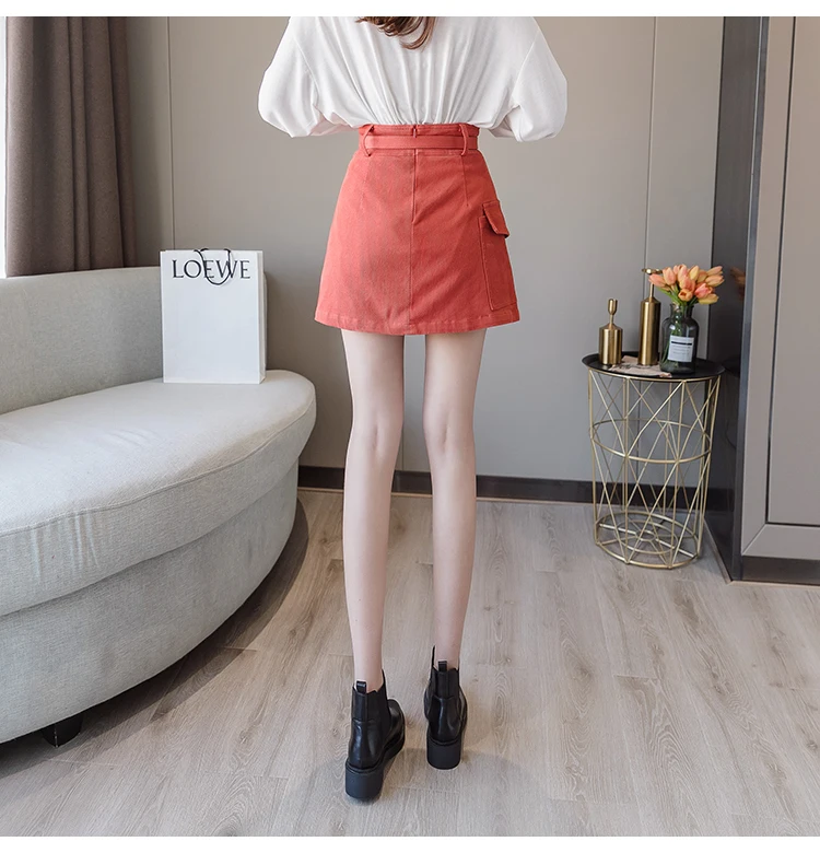 Trytree Autumn Women Casual Empire Short Skirt 5 Colour A-line Fashion Elegant Pockets Button Belt Mini Office Lady Short Skirt