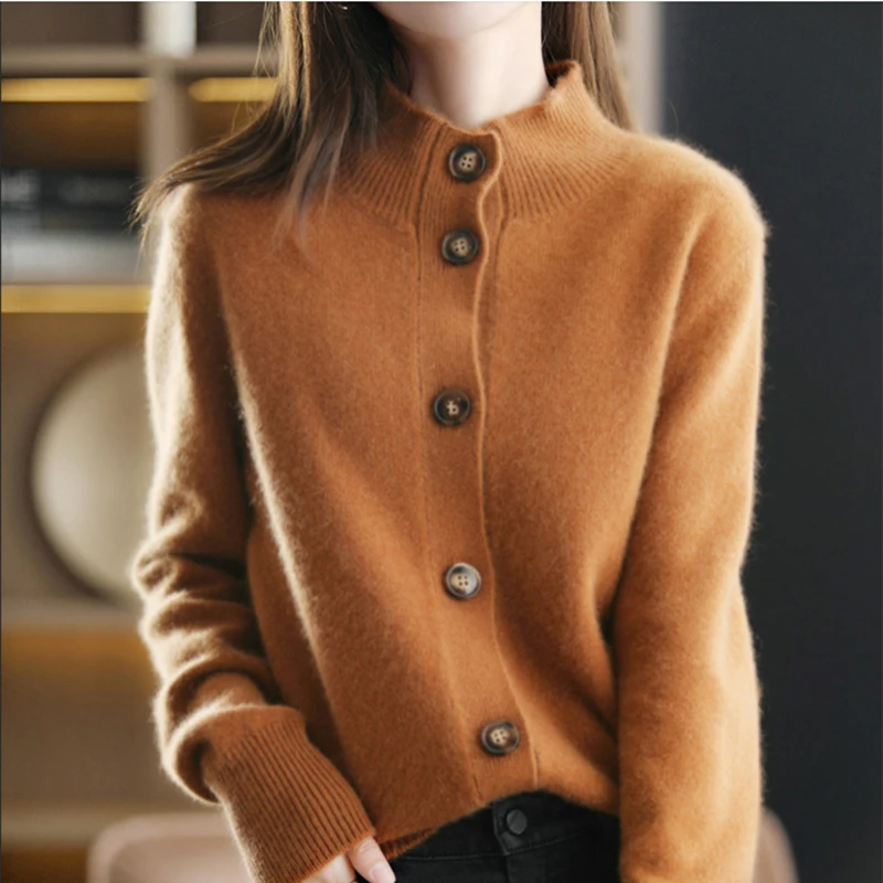 

autumn and winter new half-high neck cashmere cardigan knitted sweater loose jacket ladies solid color full sleeve wool sweater