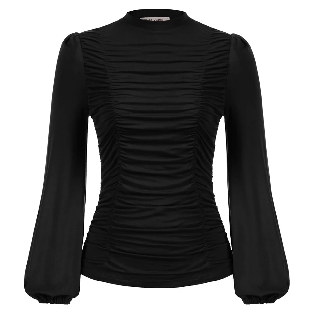 Женская блузка Grace Karin однотонная приталенная рубашка с рюшами спереди длинными