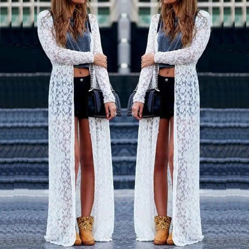 

Boho Beach Sheer Lace Fl Crochet Long Cardigan Summer Tops Blouse Dress