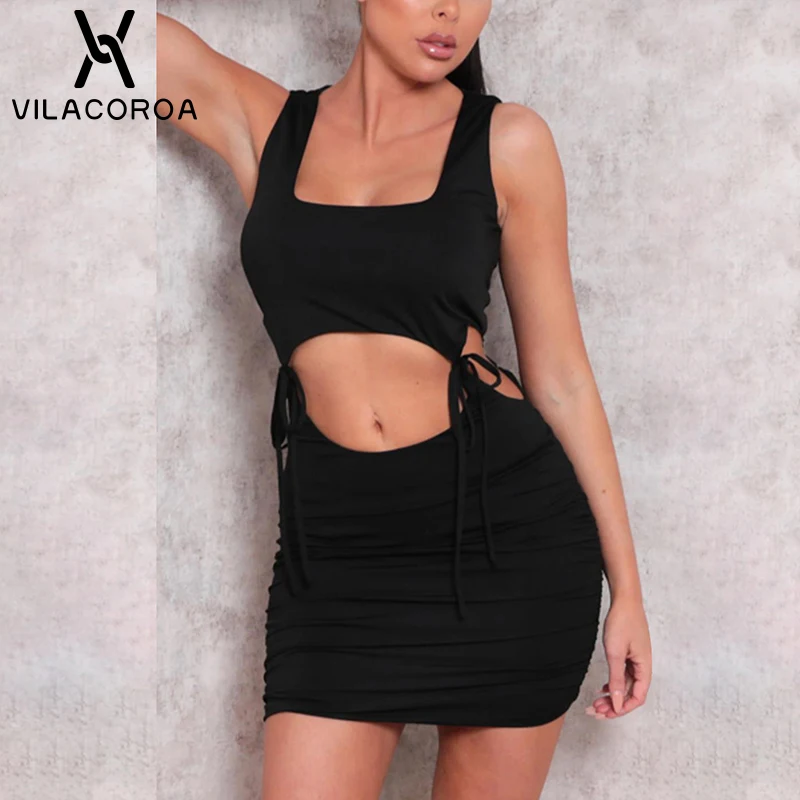 

Sexy Women Two-piece Square Collar Sleeveless Backless Crop Top Hollow Out Bow Lace-up Bodycon Mini Skirt Nightclub Female Suit