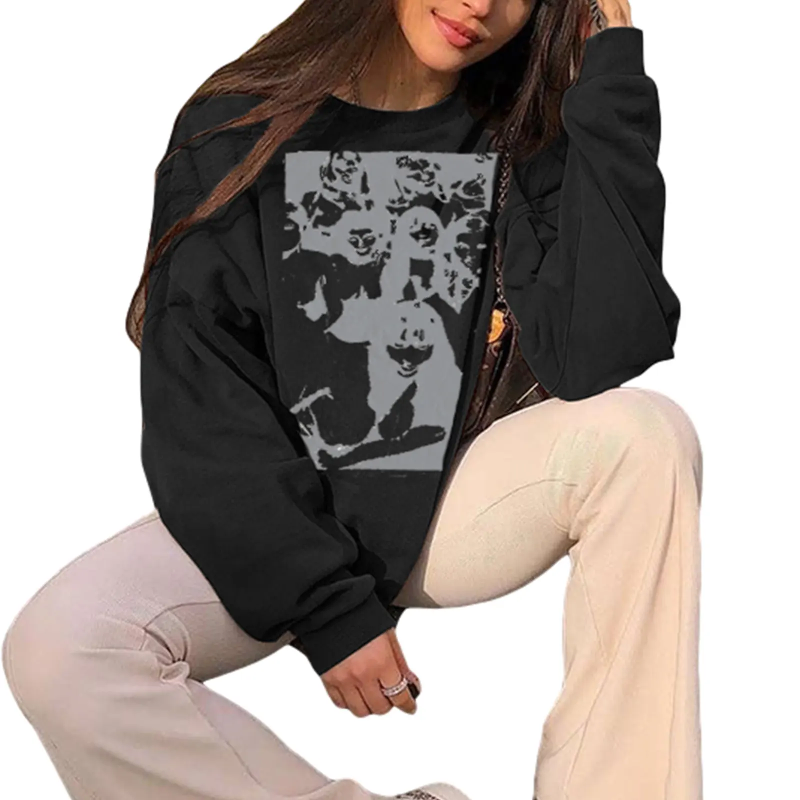 

Female Pullover, Adults Portrait Print Round Neck Long Sleeve Tops for Spring Fall, Brown/Black/Orange, S/M/L