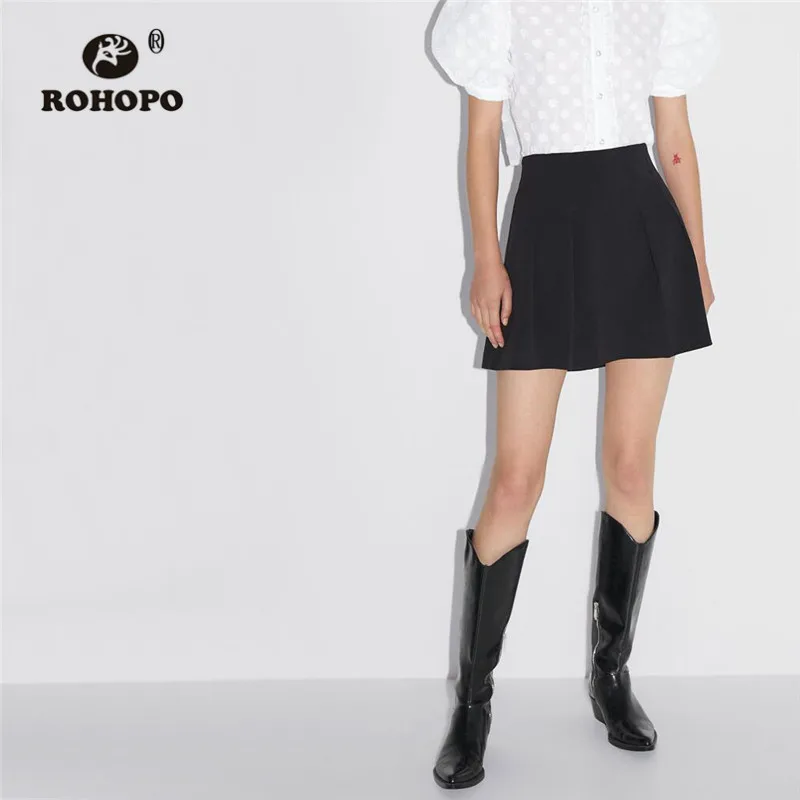 ROHOPO/черная мини юбка клеш в складку с молнией сбоку и высокой талией элегантная