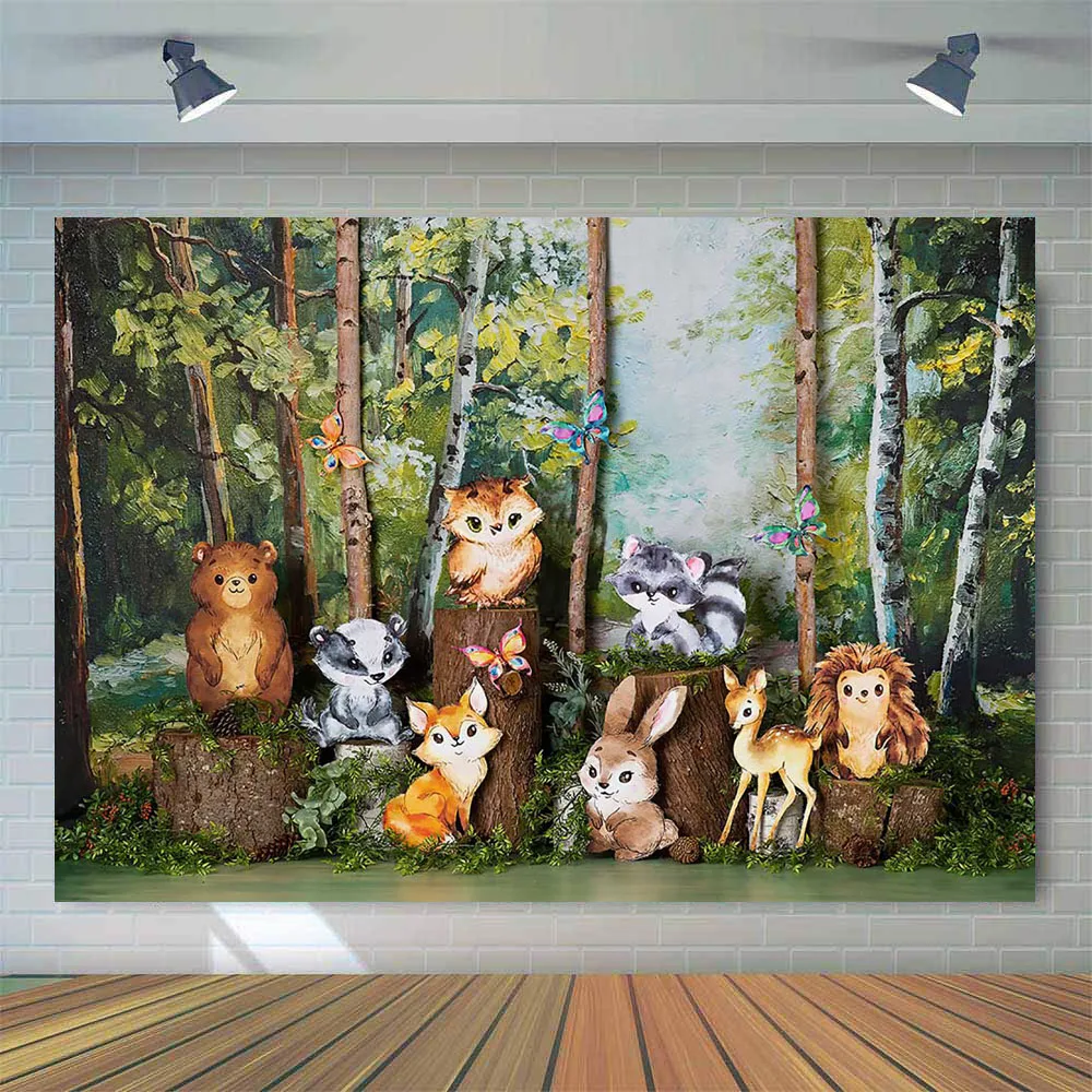 Woodland Safari Jungle Animals Portrait Newborn Kids Photo Background Oil Painting Forest Wall Backdrop for Photography Props |