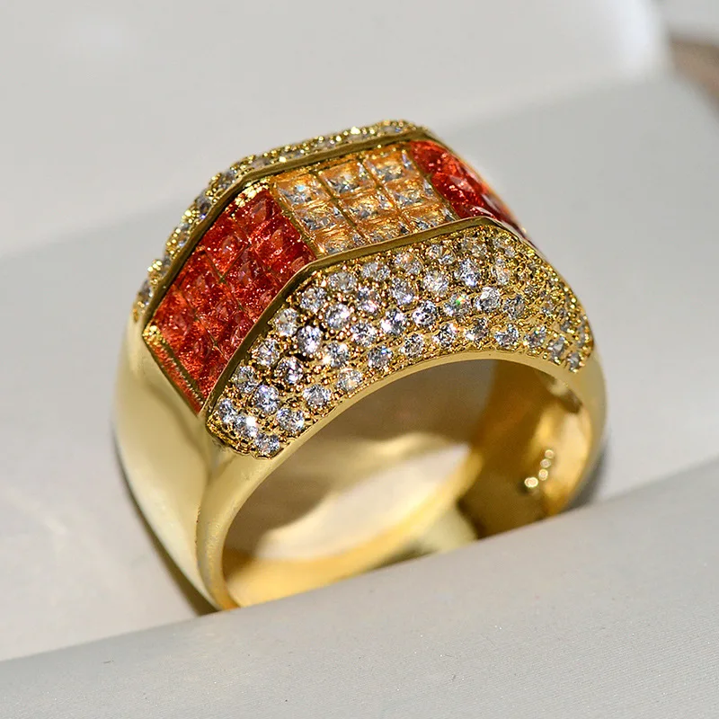 

HOYON New 18K Pure Gold Color Red and White Gemstone Engagement Ring Women's Wedding Jewelry Alloy inlaid artificial gemstones