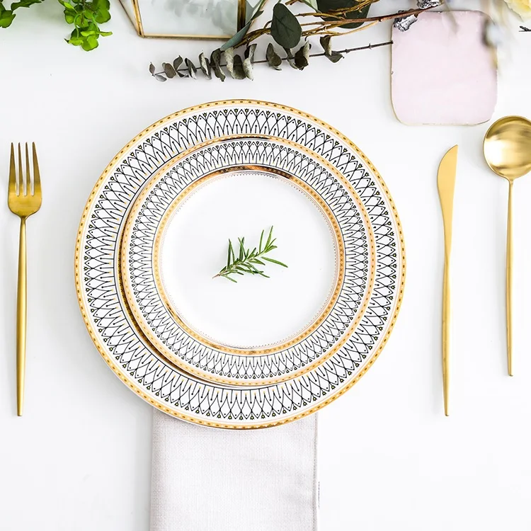 

European Glass Pearl Gold Inlay Dishes Steak Plate Salad Wedding Party Event Decoration Tableware Gift