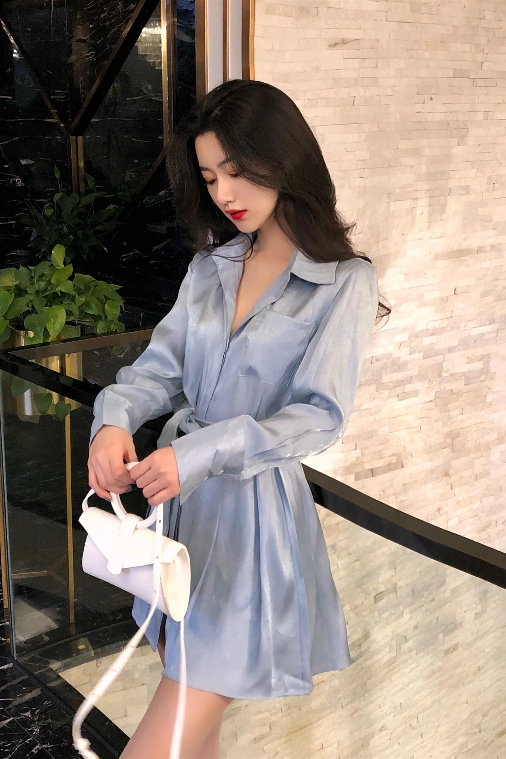 

Korean Style Fall Summer Women Dresses Fashion Trendy Glittering Mini Shirt Dress Silk Female Long Sleeve Casual Lady Party