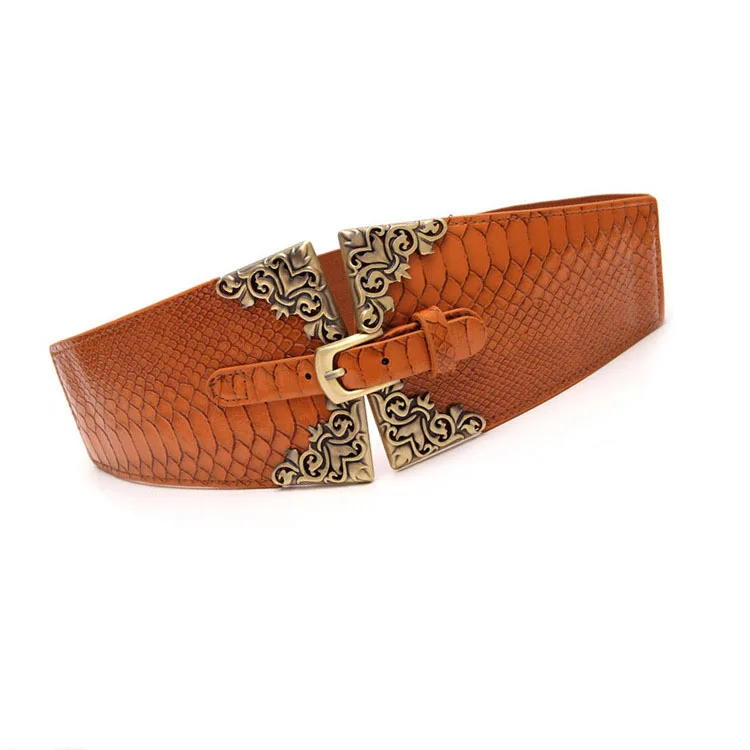 

New Fashion luxury crocodile pattern leather belt for women stretch elastic Cummerbunds ladies dress waistband Waist Seal girdle