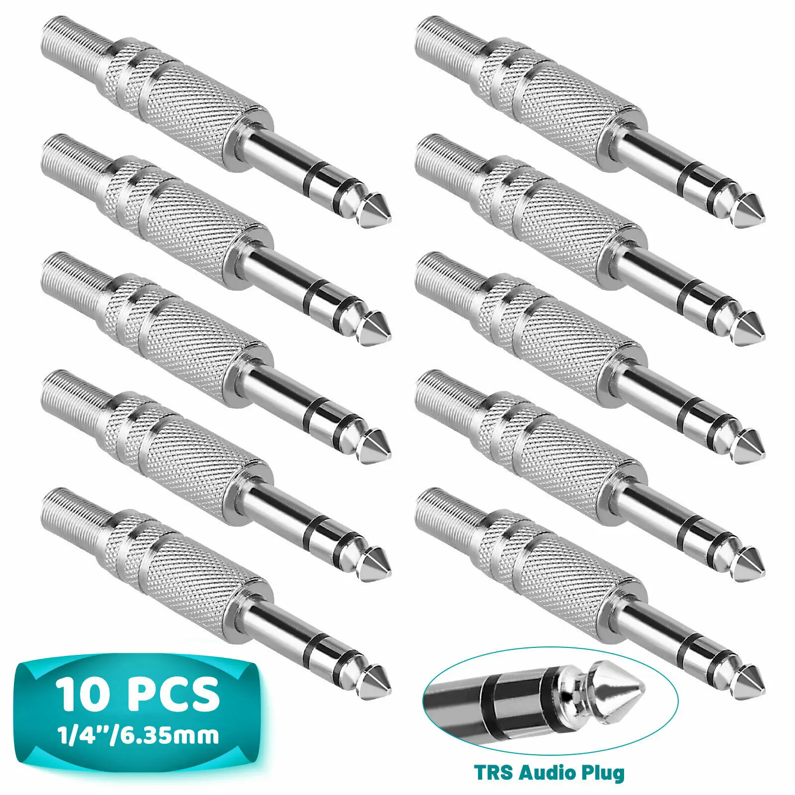 

10Pcs Pack 1/4'' 6.35mm Male Mono TRS Stereo Audio Cable Jack Connector Plug