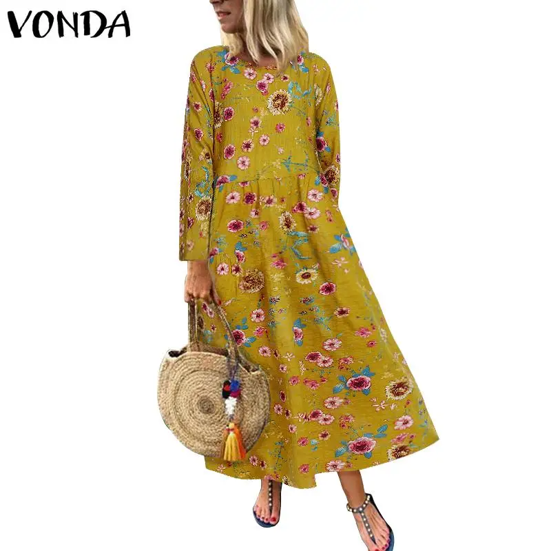 Винтаж с цветочным принтом длинное платье для беременных VONDA Повседневное с длинными рукавами и круглым вырезом Платья для вечеринок свободный богемное платье Femme Vestido