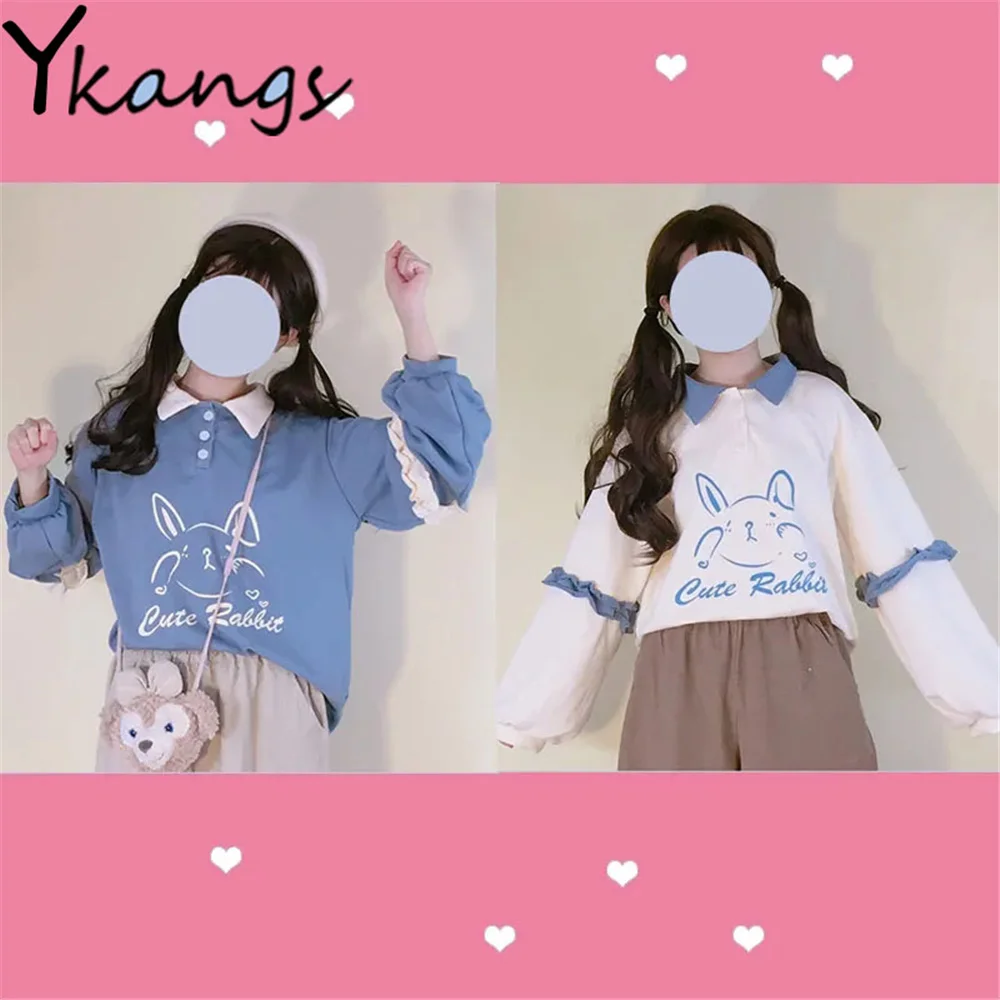 

Korean Preppy Style Maiden Sweet Rabbit Print Tops Long Sleeve Polo Collar Harajuku Kawaii Mori Girl Big Size Fashion Streetwear