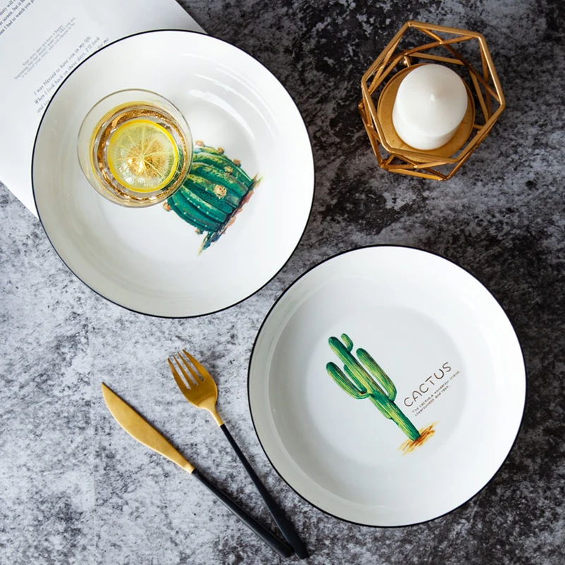 Креативная круглая квадратная керамическая тарелка с КАКТУСОМ и черным краем