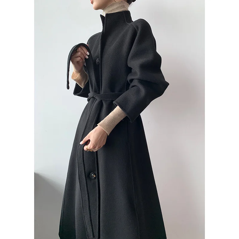 

Новое высококачественное двухстороннее кашемировое пальто в стиле Хепберн на осень и зиму 2020 женское черное шерстяное пальто средней длин...