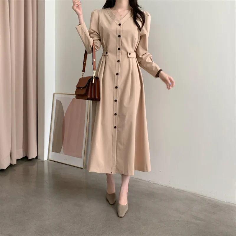 

Hzirip 2020 Autumn Women Maxi Dress V-Neck Solid Slim Waist Single-Breasted Elegant Gentle All-Match Vintage Female Office Lady