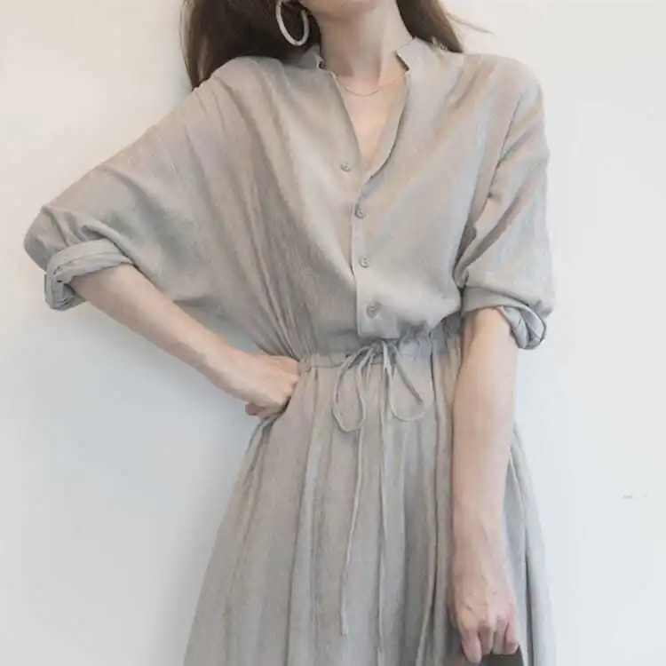 

Spring and Autumn New Mid Length Dress Women's Waist Shows Thin Goddess Temperament V-Neck Long Sleeve Shirt Skirt