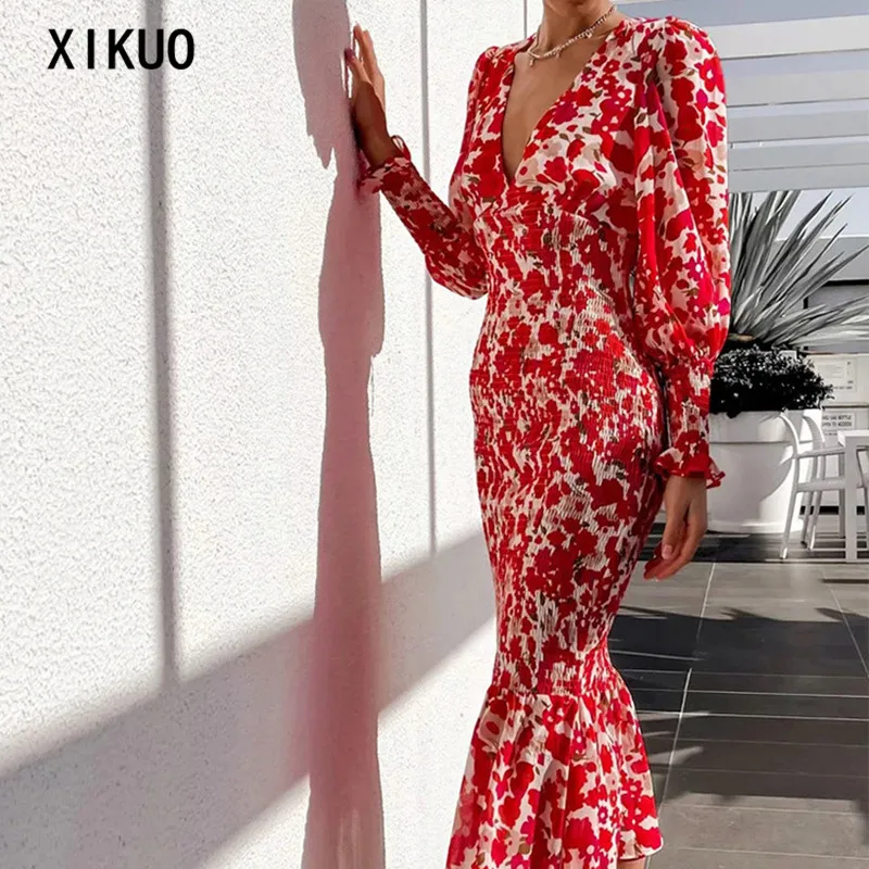 

Ladies Spring and Autumn 2021 Sexy V-neck Temperament Ladies Slim Fishtail Long Dress