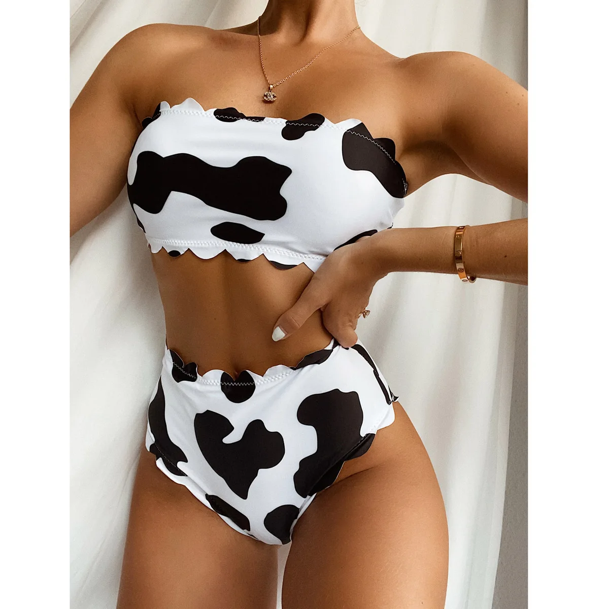 

Комплект бикини-бандо с высокой талией, бикини из коровьей кожи, женские купальники, женский купальник, купальный костюм, купальный костюм д...