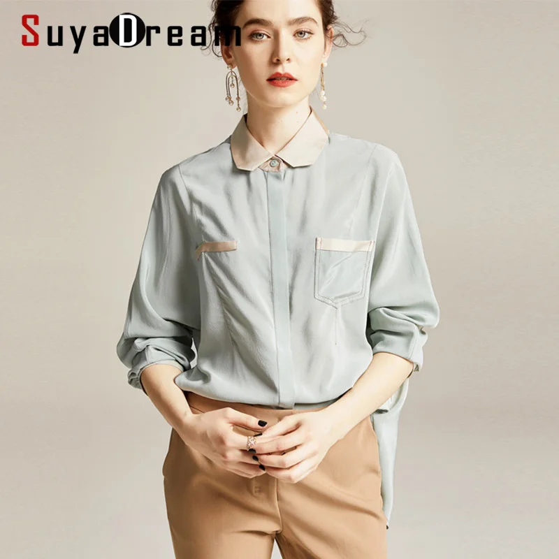 SuyaDream женские одноцветные блузки 100% шелк креп длинный рукав отложной воротник на