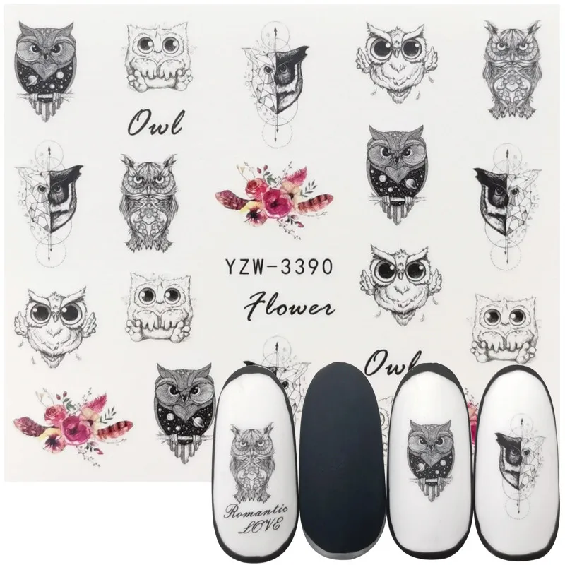 

1 Sheet Nail Polish Accessories Watermark Sticker Retro Black Owl Series Water Transfer Decals Manicure Tattoos Foils Slider