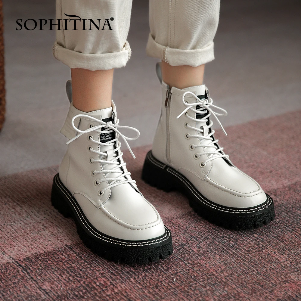 

SOPHITINA Casual Ankle Boots Genuine Leather Round Toe Square heel Office Lady Boots Convenient Lace-up Non-slip Shoes HO255
