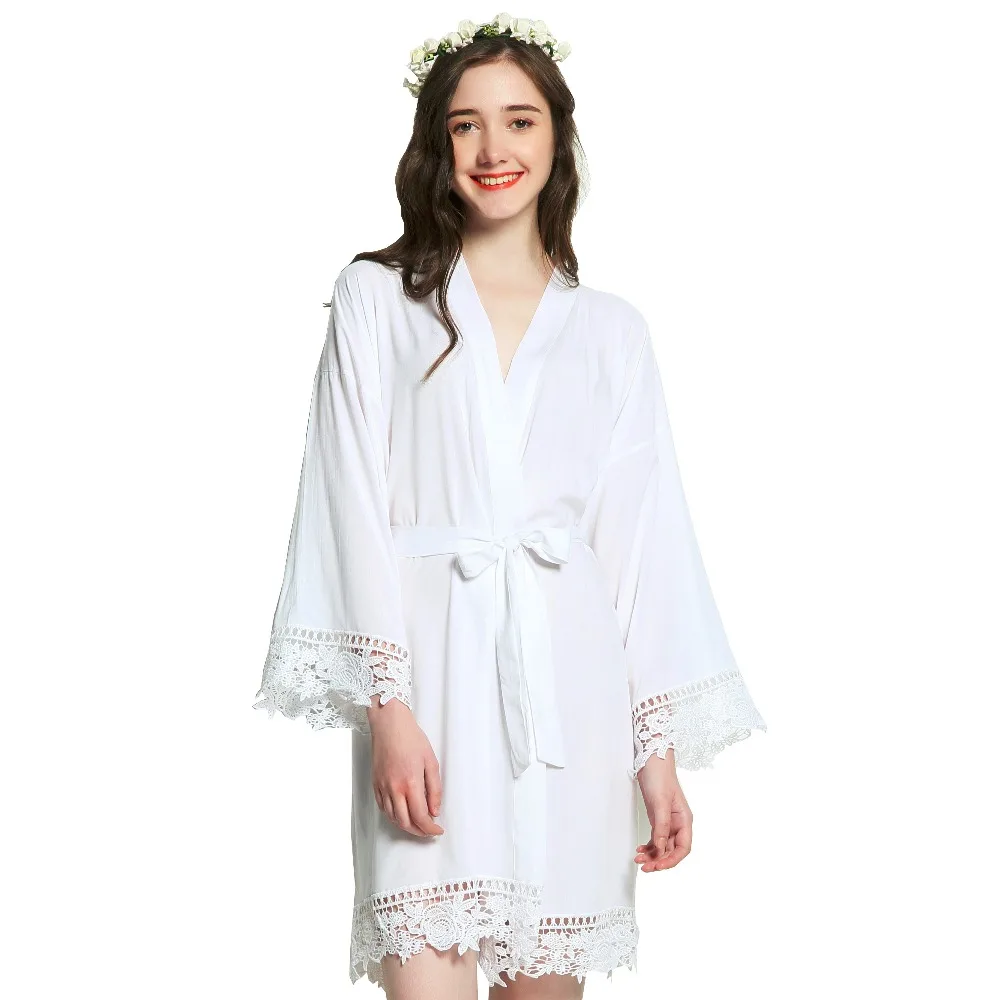YUXINBRIDAL 2019 New mint Solid Rayon Cotton Bridesmaid Robes With Lace Trim Women Wedding Bridal Robe  Kimono bride robes