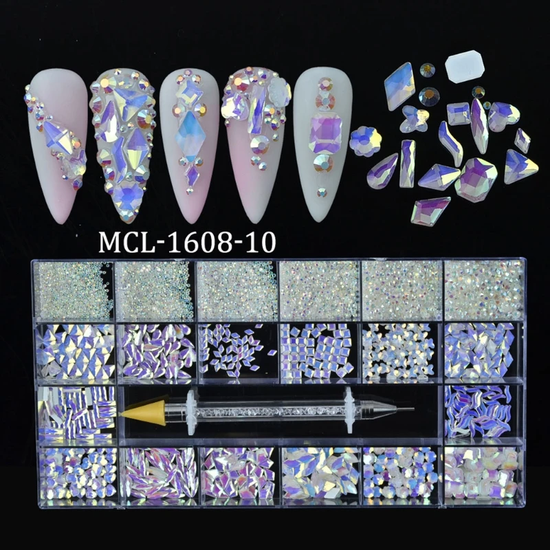 

R3MF 21 Grids Glass Crystals Nail Art Mix Sizes Golden Flat Back Decoration Set with Rhinestone Dotting Pen DIY Accessories