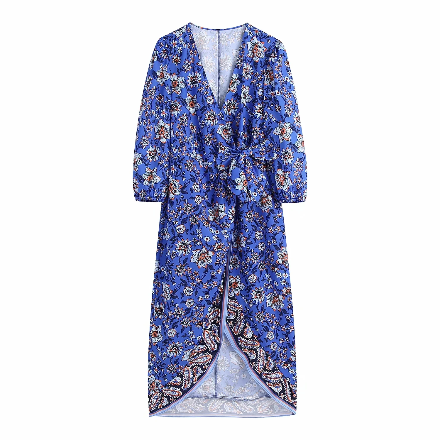 

Za 2021 Summer women irregular Boho v neck Dresses Fashion Party Print floral Vestido vintage Maxi Dress Cross Bow Tie Chic robe