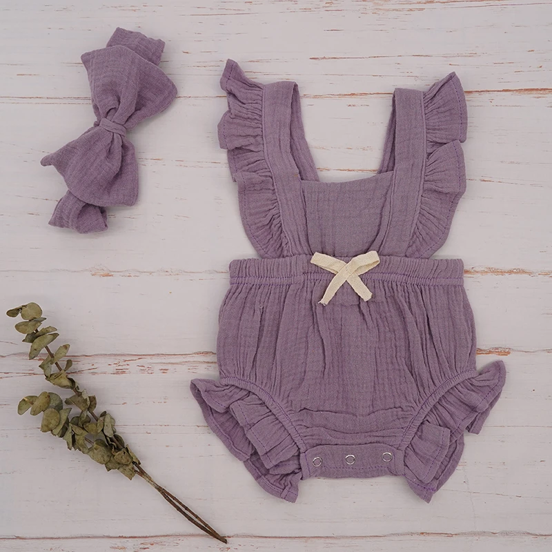 

2pcs/Set Newborn Baby Clothes Sleeveless Girl Casual Design Cotton infant Rompers With Headband ruffle sunsuit Outfits costumes