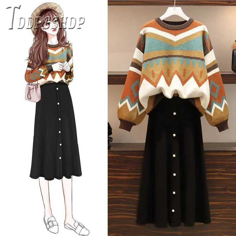 Модель 2019 года осенне зимние повседневные женские комплекты из Свитера и юбки