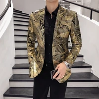 spring mens blazer luxury gold stripe print blazer men slim business casual blazer nightclub singer prom jacket plus size m 5xl