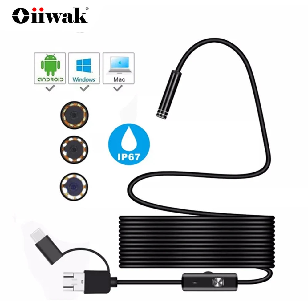 

7mm Endoscope Camera Hard Wire 3in1 USB/Micro USB/Type-C Borescope Inspection Camera for Android Smartphone with OTG and UVC PC