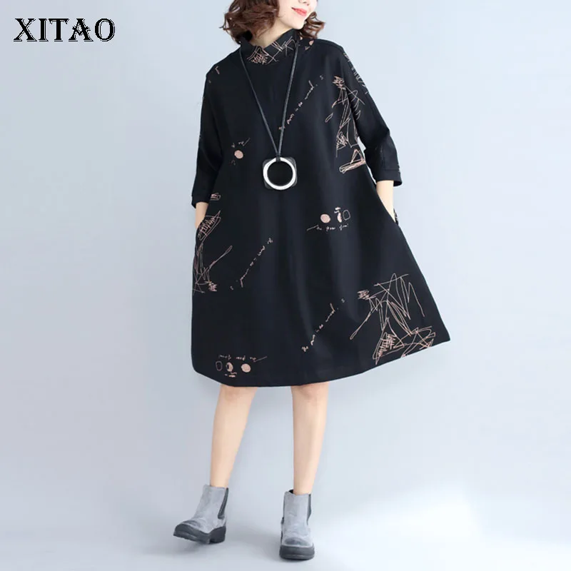 XITAO винтажный воротник-стойка с принтом миди платье женское элегантное свободное