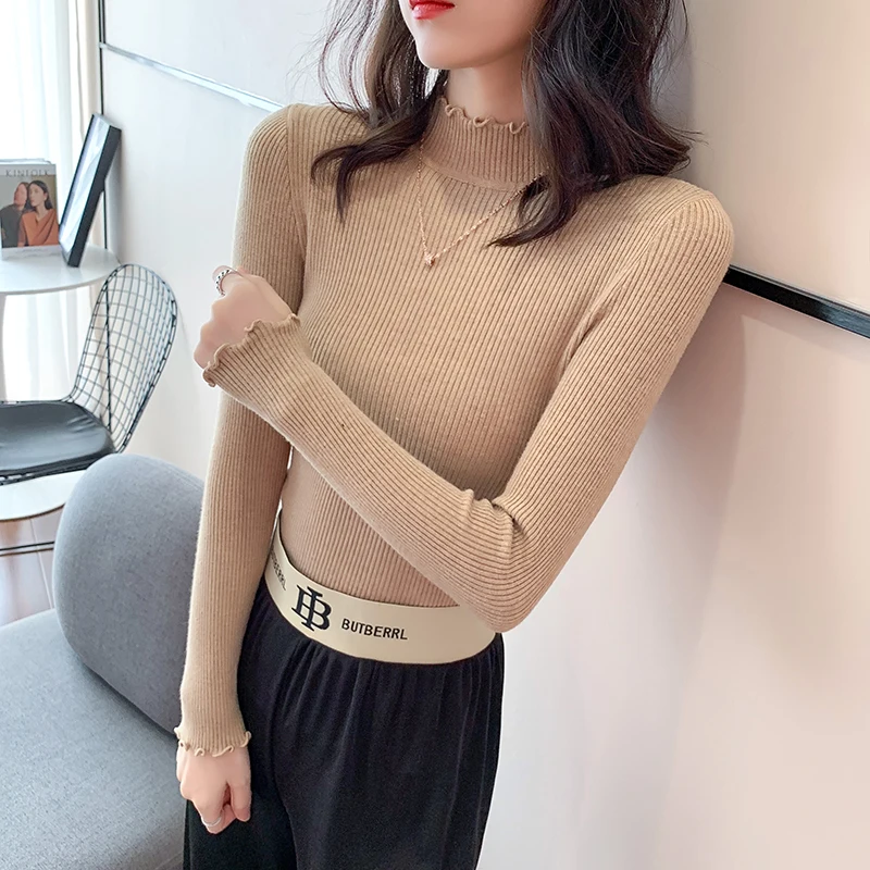 

Women's Sweater Knitted Tops for Women Long Sleeve Top Women Solid Thin Autumn Sweaters White Half High Neck Woman Basic Sweater