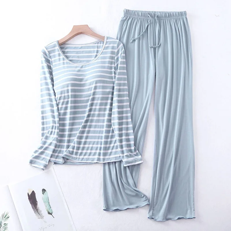 

Autumn Modal Pajamas Sets Women Padded Top Long Sleeve O-neck T-Shirt All Match Tee Long Homewear Striped
