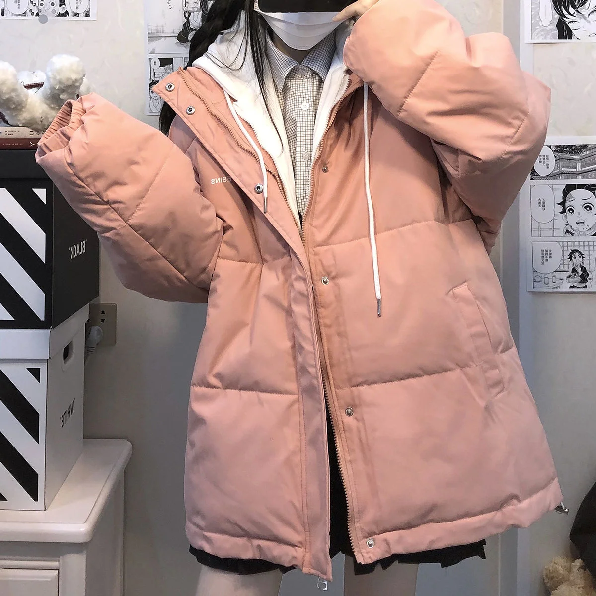 Women's Winter Jacket Neutral Wind Color Fake Two-piece Cotton Padded For Lovers Versatile Hooded Loose Coat College  2021