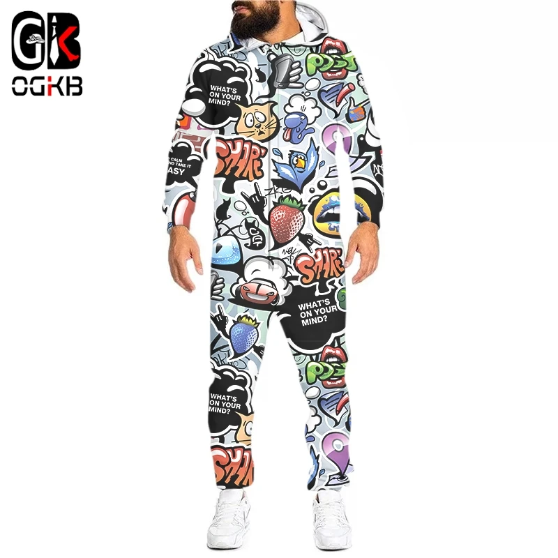 OGKB Hip Hop Creativity Graffiti 3D Printed Romper Womens Jumpsuits Zip Up Hooded Playsuits Full Sleeve Casual Fashion Overalls