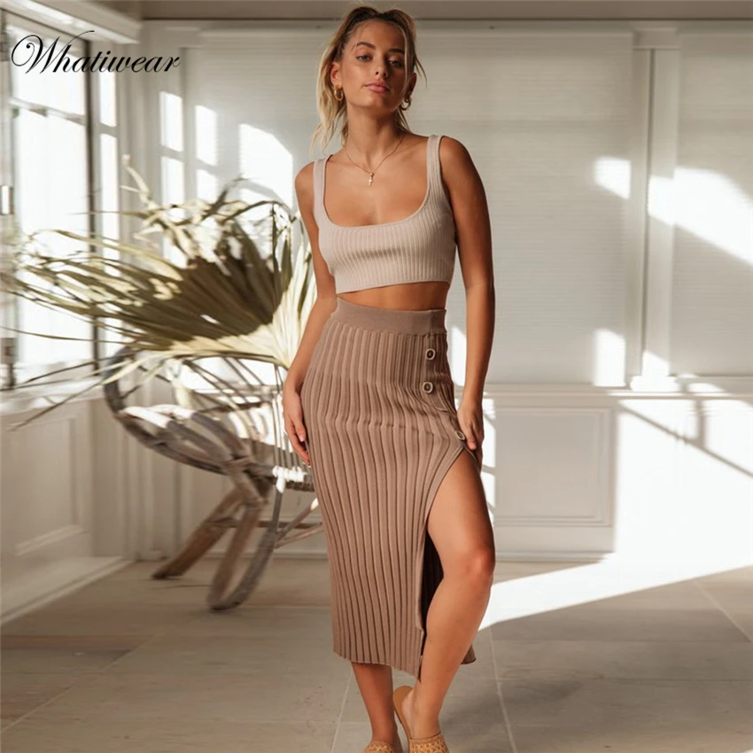Whatiwear, одноцветная сексуальная юбка с разрезом, осенняя уличная мода, высокая талия, Повседневная Женская юбка, Офисная Женская юбка миди