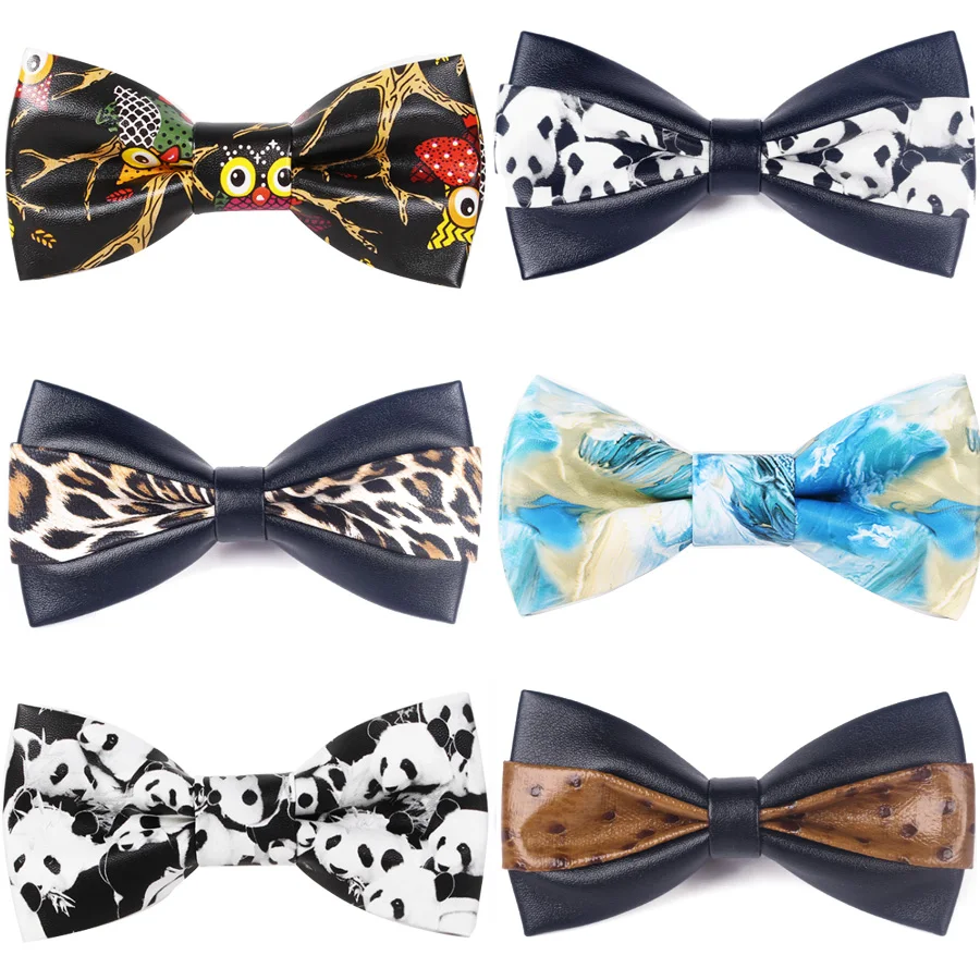 

Ricnais Printing PU Leather Black Bow Tie Men For Business Wedding Party Gift Skinny Cravats Luxurious Animal Bowtie