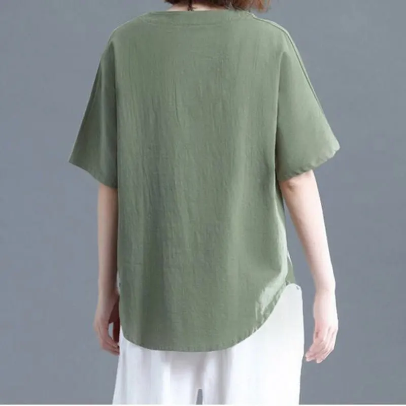 

F&je Summer Women Shirts Plus Size Loose O-neck Casual Ladies Tops Batwing Sleeve Cotton Linen Lady Vintga Blouse Shirts D5