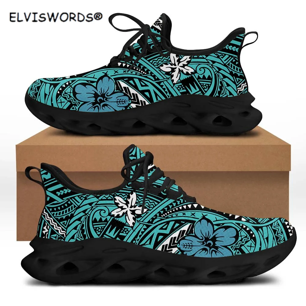 

ELVISWORDS Stylish Polynesian Pattern Ladies Lace Up Sneakers Casual Women's Mesh Knit Sneakers Comfortable Female Walking Shoes