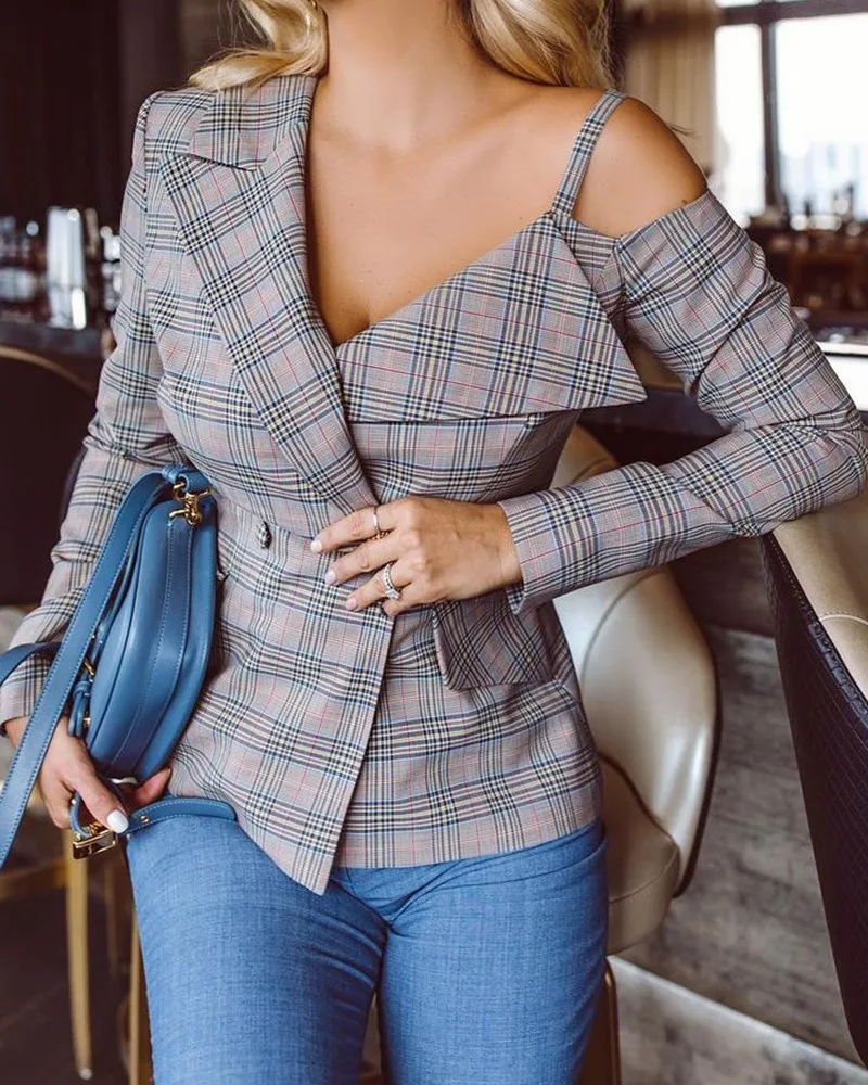 

Autumn and Winter Fashion Sexy Off-shoulder Lotus Leaf Back Irregular Tops Fashion Long-sleeved V-neck Printed Suit Jacket Women