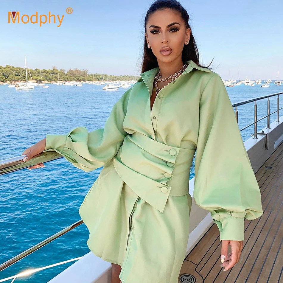 Весна 2020 новинка женское сексуальное платье с отворотом фонариком длинным