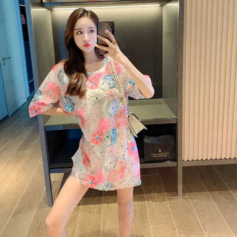 

Fashion women's t-shirt 2021 summer new trend loose and thin mid-length sun flower sequined top