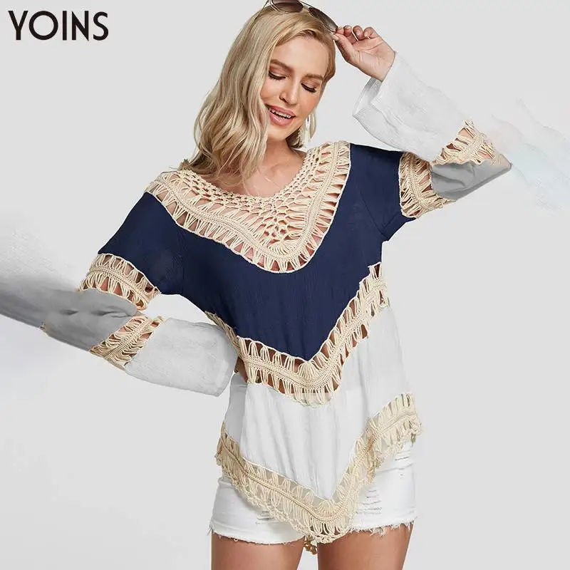 YOINS Цвет Бохо блок полые v-образным вырезом крючком Кружева Украшенные с длинным