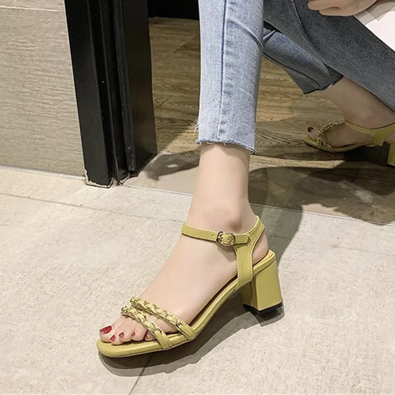 

Beige Heeled Sandals Clear Shoes 2021 Summer Med All-Match Black Fashion Girls High Medium Comfort Block New Concise Solid PU Ba