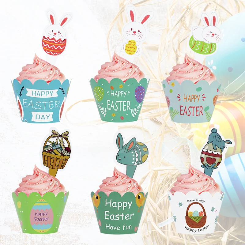 

24Pcs/set Happy Easter Cake Cartoon Easter Eggs Rabbit Cake Topper Cupcake Wrapper Baby Shower Birthday Party Decor Supplies