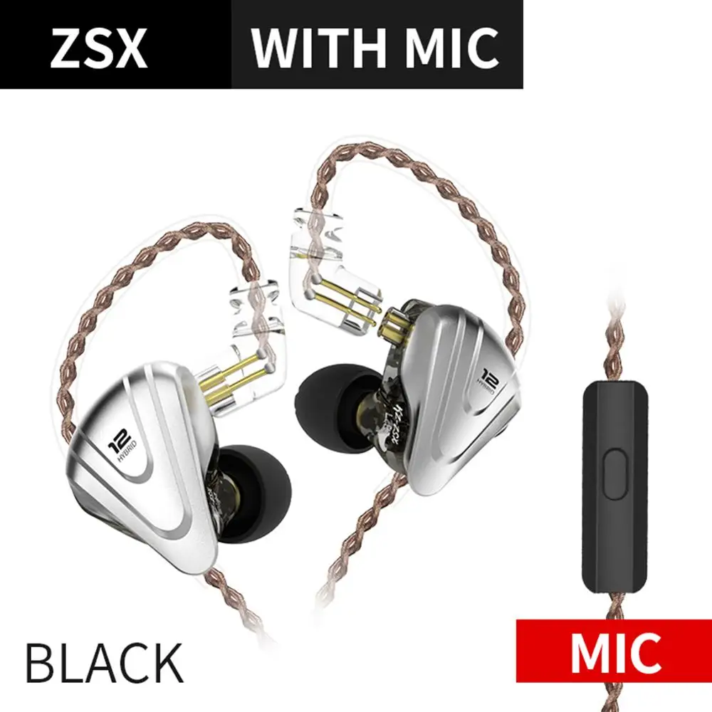 black mic KZ ZSX Terminator Metal Headset 5BA+1DD Hybrid-iron Mixing 12 Drivers HIFI Bass Earbuds Wired Music Sports In Ear Earphones - Цвет: black mic
