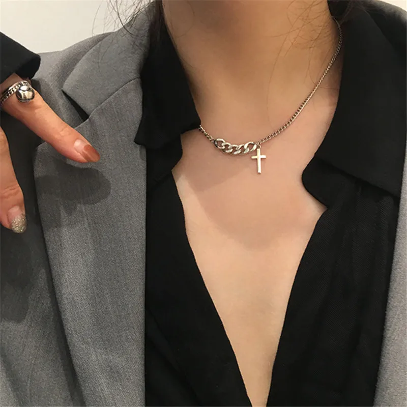 

Fashion Trendy Sliver Color Chains Cross Pendants Choker Necklace For Woman 2020 New Stainless Steel Religious Jewelry Male